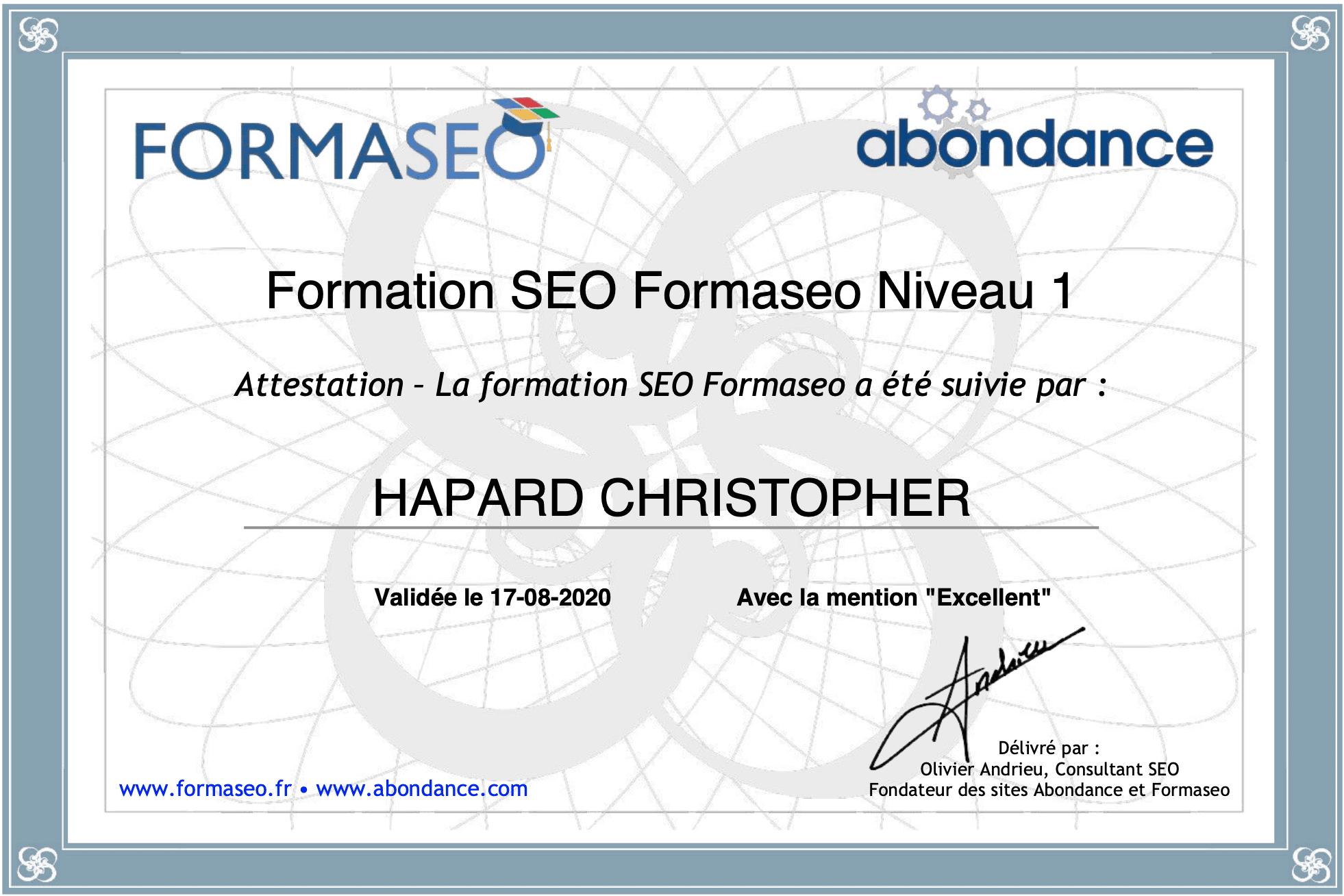 Certification Formaseo Christopher Hapard